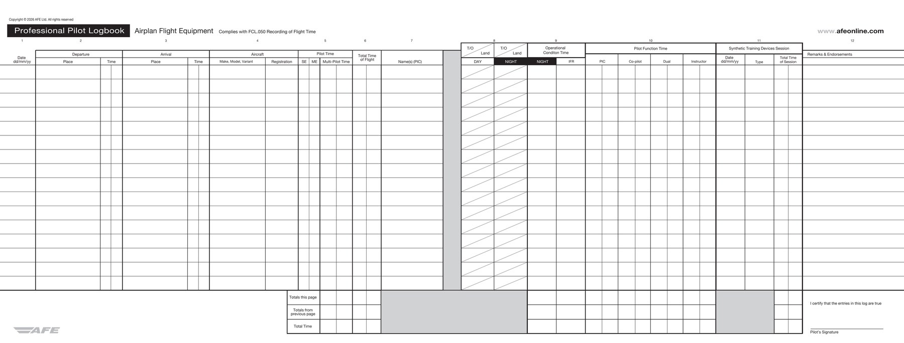 Blank AFE Professional Pilot Logbook page — EASA FCL.050 compliant layout
