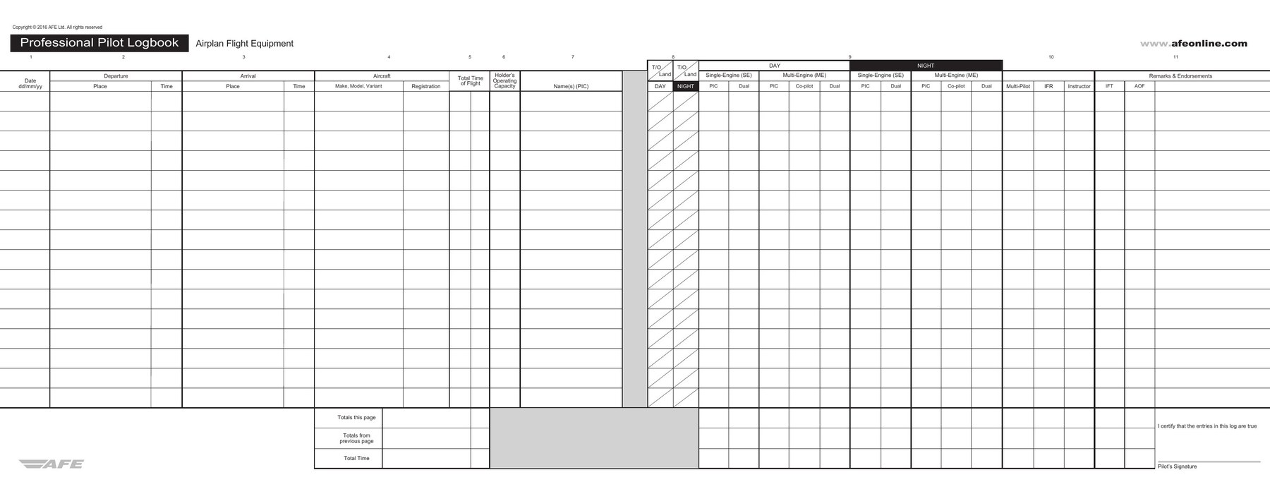 Blank AFE Professional Pilot Logbook page — UK layout