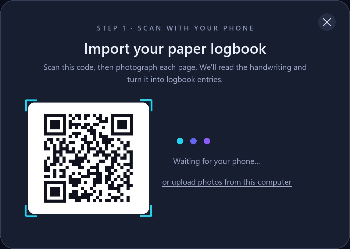 AFE Logbook paper import — scan the QR code with your phone and photograph each page
